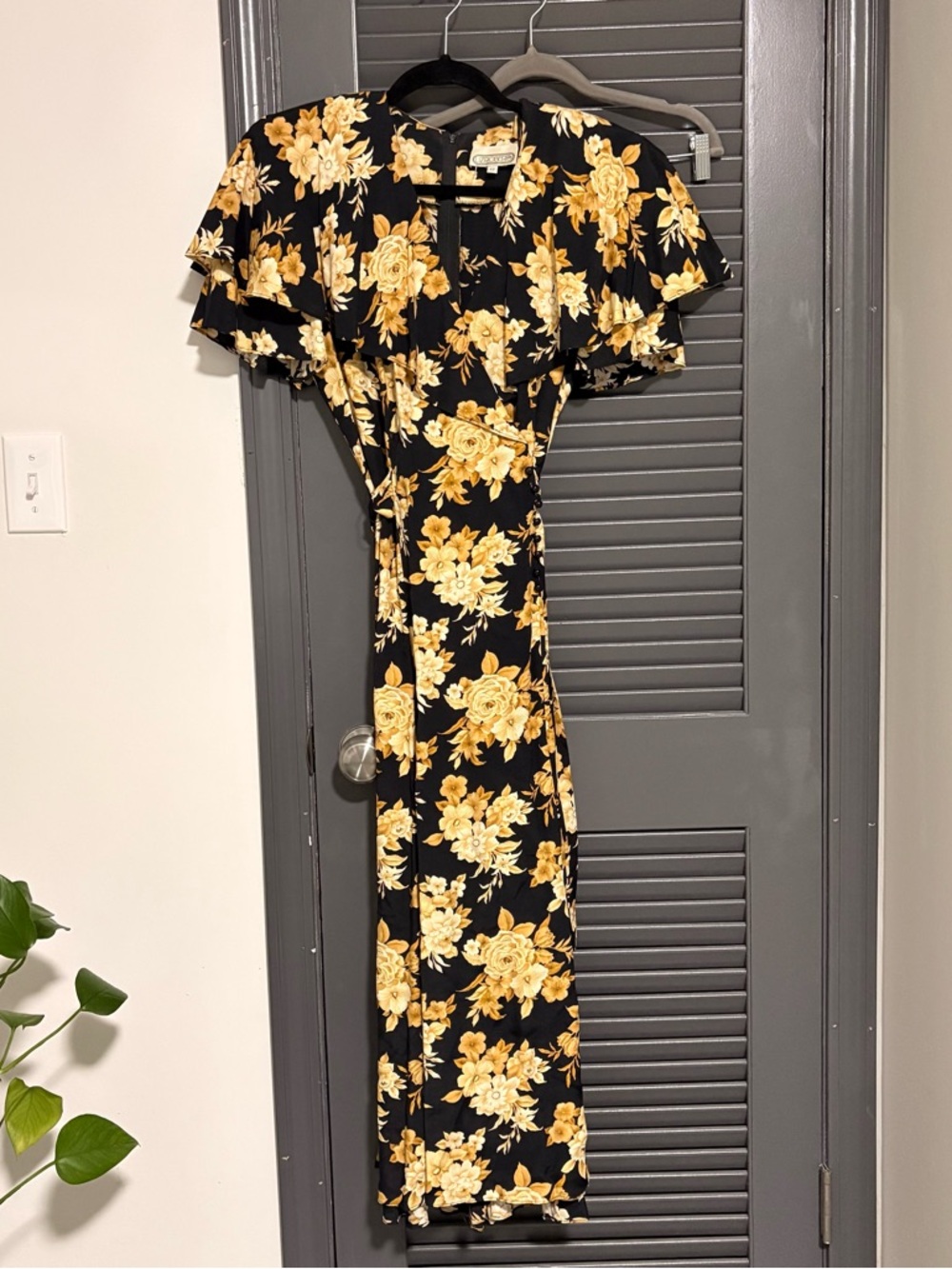 Vintage Floral Wrap Midi Dress in Black and Yellow